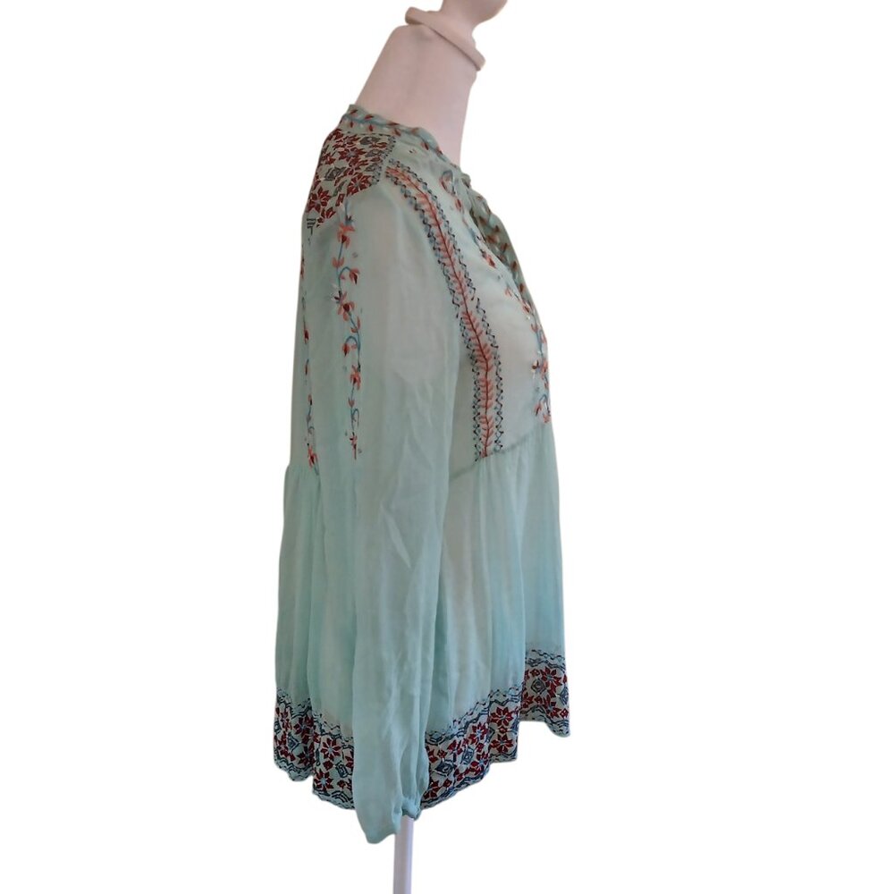 Antik Batik mint green silk top bohemian embroidered long sleeve size M - Picture 3 of 7